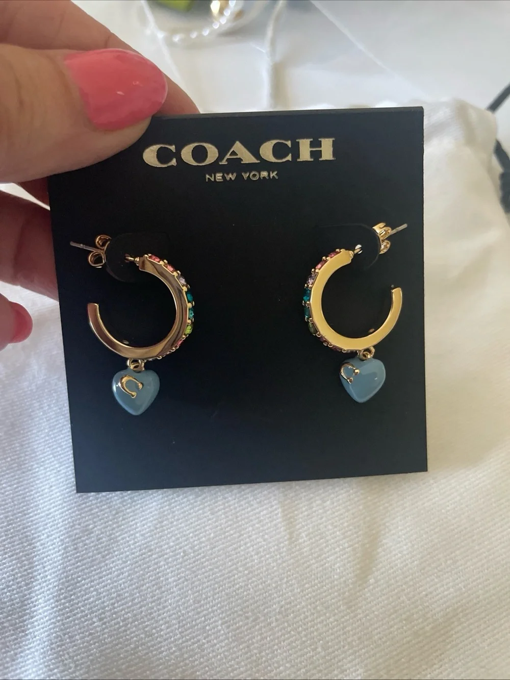 COACH Gold Hoop Earrings with Blue Heart and Multicolor Crystals - Picture 2 of 7